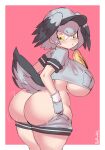  1girl ass bird_tail bird_wings black_hair blush borvar breast_pocket breasts closed_mouth clothes_pull from_behind gloves grey_hair grey_shirt grey_shorts hair_between_eyes hat head_wings highres huge_breasts kemono_friends looking_back multicolored_hair no_panties pocket shirt shoebill_(kemono_friends) shorts shorts_pull solo standing tail thighs underboob wings yellow_eyes 