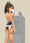  1girl ass blue_one-piece_swimsuit brown_background brown_eyes brown_hair chagamaka clothes_pull drinking feet_out_of_frame from_behind highres i-401_(kancolle) kantai_collection looking_at_viewer looking_back medium_hair milk_carton one-piece_swimsuit one-piece_swimsuit_pull refrigerator school_swimsuit sidelocks solo standing swimsuit tan topless 