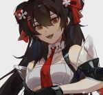  1girl bare_shoulders brown_eyes brown_hair cheyue girls&#039;_frontline girls&#039;_frontline_neural_cloud gloves grey_background hair_between_eyes hair_ornament hair_ribbon highres jiangyu_(girls&#039;_frontline_nc) long_hair looking_at_viewer necktie open_mouth red_necktie ribbon smile solo type_97_(girls&#039;_frontline) upper_body weibo_username 