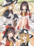  4girls blonde_hair bow brown_hair commentary detached_sleeves hakurei_reimu hat highres kirisame_marisa long_hair multiple_girls necktie red_eyes reimu_tyuki sarashi speech_bubble sweatdrop touhou white_bow witch_hat yellow_eyes yellow_necktie 