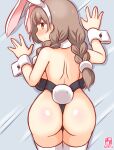  1girl against_wall animal_ears ass back black_leotard blush braid breasts brown_eyes brown_hair detached_collar embarrassed fake_animal_ears kanon_(kurogane_knights) kantai_collection large_breasts leotard long_hair one-hour_drawing_challenge playboy_bunny rabbit_ears rabbit_tail shinshuu_maru_(kancolle) solo strapless strapless_leotard tail thighhighs twin_braids white_thighhighs wrist_cuffs 