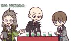  3boys :3 bald black_eyes black_jacket black_necktie black_pants brown_hair closed_mouth coat collared_shirt commentary_request cup employee_(lobotomy_corporation) green_coat green_vest grey_coat grey_eyes grey_shirt grey_vest half-closed_eyes hatake_shimeji jacket lobotomy_corporation long_sleeves male_focus medium_hair multiple_boys necktie no_nose open_clothes open_coat open_mouth pants project_moon shirt short_hair smile sweat translation_request vest white_necktie white_shirt 