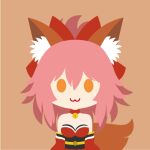  1girl :3 animal_ear_fluff animal_ears bare_shoulders bell bow breasts collar detached_sleeves fate/grand_order fate_(series) fox_ears fox_girl fox_tail hair_bow hair_ribbon japanese_clothes jingle_bell kimono large_breasts long_hair looking_at_viewer neck_bell orange_background pink_hair ponytail red_kimono red_ribbon ribbon room_katze simple_background solo tail tamamo_(fate) tamamo_cat_(fate) yellow_eyes 