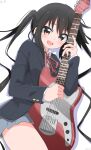  1girl :d absurdres black_hair black_jacket blazer blush brown_eyes collared_shirt cynical_(llcbluckg_c004) grey_skirt guitar highres holding holding_instrument instrument jacket k-on! long_hair long_sleeves looking_at_viewer music nakano_azusa neck_ribbon open_mouth playing_instrument pleated_skirt red_ribbon ribbon sakuragaoka_high_school_uniform school_uniform shirt sidelocks simple_background skirt smile solo twintails white_background white_shirt 