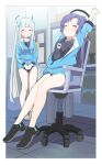  2girls black_buruma black_footwear black_shirt blue_archive blue_jacket blush breasts buruma closed_eyes closed_mouth fuyubone grey_hair halo highres id_card jacket lanyard long_hair mechanical_halo medium_breasts multiple_girls noa_(blue_archive) on_chair partially_unzipped ponytail purple_hair shirt shoes sitting smile track_jacket very_long_hair yuuka_(blue_archive) 