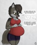  2022 20thx5150 anthro belly big_belly bottomwear breasts canid canine canis clothed clothing dialogue female geckoguy123456789 grey_body hi_res mammal navel_outline pregnant pushing_belly red_clothing red_topwear shorts speech_bubble topwear unseen_character wolf yellow_eyes 
