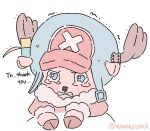  1boy antlers artist_name bocchi_the_rock! cosplay english_text gotoh_hitori gotoh_hitori_(cosplay) hair_bobbles hair_ornament hat hooves one_piece parted_lips simple_background solo tearing_up tony_tony_chopper trembling upper_body white_background yunayuispink 
