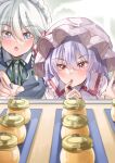  2girls :o absurdres blue_dress blue_eyes blue_nails braid butter collared_dress dress finger_to_mouth food grey_hair hat highres izayoi_sakuya light_blush maboroshi_mochi maid_headdress medium_hair mob_cap multiple_girls pink_dress pink_headwear purple_hair red_eyes red_nails remilia_scarlet short_hair touhou twin_braids 