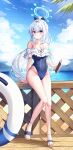  1girl absurdres bare_shoulders blue_archive blue_one-piece_swimsuit blush breasts cellphone cleavage cloud collarbone covered_navel day full_body hair_ornament halo highleg highleg_swimsuit highres holding holding_phone innertube large_breasts long_hair looking_at_viewer miyako_(blue_archive) off_shoulder one-piece_swimsuit outdoors parted_lips phone ponytail purple_eyes smartphone sob_(submar1089) solo standing swimsuit thighs white_hair 