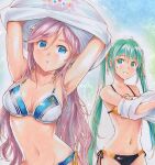  2girls :o adidas aqua_eyes aqua_hair arms_up bikini black_bikini blue_eyes breasts character_print commentary hair_ribbon hatsune_miku logo long_hair looking_at_another mayo_riyo medium_breasts megurine_luka multiple_girls navel nike parted_lips pink_hair ribbon shirt swimsuit symbol-only_commentary takoluka twintails undressing very_long_hair vocaloid white_shirt yellow_ribbon 