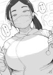  1girl absurdres breasts dentist freckles gloves greyscale hadashi_no_kenji hand_mirror highres large_breasts looking_at_viewer mask mirror monochrome original ponytail solo speech_bubble translation_request upper_body 