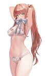  1girl absurdres armpits arms_up bow bra breasts brown_hair cleavage closed_mouth collarbone cowboy_shot doki_doki_literature_club green_eyes highres lace lace_bra lace_panties large_breasts long_hair looking_at_viewer monika_(doki_doki_literature_club) mouth_hold navel panties ponytail red_nails simple_background solo standing thighs underwear white_background white_bow yami_(rear4742) 