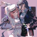  2girls alternate_costume arm_around_waist arms_up belt black_jacket black_skirt blue_nails blush_stickers casual chabashira_tenko closed_mouth commentary cowboy_shot danganronpa_(series) danganronpa_v3:_killing_harmony earrings hair_ornament hair_ribbon hairclip hand_on_own_hip hat highres hoop_earrings jacket jewelry lemontea long_hair long_sleeves looking_at_viewer multiple_girls nail_polish pink_background purple_nails red_eyes red_hair red_nails ribbon shirt skirt very_long_hair white_belt white_headwear white_ribbon white_shirt white_skirt x_hair_ornament yumeno_himiko 