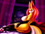  anthro big_breasts bludraconoid breasts butt canid canine eyewear female fox fur hi_res looking_at_viewer looking_back looking_back_at_viewer mammal nipples orange_body orange_fur pawpads solo sunglasses 