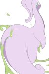  absurd_res ambiguous_gender butt digital_media_(artwork) dragon feral generation_6_pokemon goodra green_eyes green_slime hi_res inkune looking_at_viewer looking_back nintendo pokemon pokemon_(species) purple_body rear_view simple_background slime smile solo tail white_background 