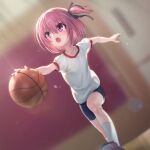  1girl adashi_makoto arms_up ball basketball basketball_(object) bike_shorts black_shorts commentary_request dribbling_(basketball) gym_uniform highres indoors minato_tomoka open_mouth outstretched_arms purple_eyes purple_hair ribbon rou-kyuu-bu! running shirt shoes short_hair short_sleeves shorts side_ponytail socks solo white_shirt white_socks 