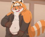  anthro belly blush canid canine clothing fox fupa fur green_eyes iyo_(tamacolle) kigurumi kotadash male mammal navel onesie orange_body orange_fur overweight solo tamacolle undressing 