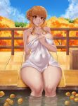  1girl :3 artist_name autumn bare_shoulders blue_sky breasts brown_eyes brown_hair commission covered_navel covering covering_breasts day english_commentary fence food fruit highres hito_kirii holding holding_towel idolmaster idolmaster_cinderella_girls idolmaster_cinderella_girls_starlight_stage knees large_breasts long_hair looking_at_viewer moroboshi_kirari naked_towel nude_cover onsen sidelocks signature sitting sky steam thick_thighs thighs towel tree twitter_username water wet white_towel wide_hips wooden_fence yuzu_(fruit) yuzu_bath 