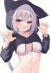  1girl :o absurdres animal_hood bikini black_hoodie blush breasts cat_girl cat_hood cat_tail claw_pose commentary_request cropped_hoodie drawstring grey_hair hands_up highres hood hood_up hoodie long_sleeves looking_at_viewer medium_breasts navel original parted_lips red_eyes short_hair simple_background sirotuki_ito solo stomach swimsuit tail upper_body white_background white_bikini 