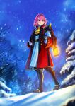  1girl absurdres backpack bag blue_sky closed_mouth dress fire_emblem fire_emblem_engage full_body hair_ribbon hairband highres lantern lapis_(fire_emblem) light_smile pink_eyes pink_hair red_hairband ribbon sethkiel short_hair sky snow snowing solo standing tree white_ribbon 