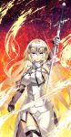  1girl armor armored_gloves blonde_hair blue_eyes breasts cleavage closed_mouth detached_sleeves dress fate/apocrypha fate_(series) fire holding holding_sword holding_weapon ishida_akira jeanne_d&#039;arc_(fate) long_hair looking_at_viewer medium_breasts sideboob solo sword thighhighs weapon white_dress 