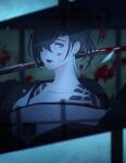  1girl akeha_(nier_reincarnation) artist_name black_hair black_lips blood blood_on_face blood_on_weapon blood_splatter blurry blurry_background earrings grey_eyes hair_over_one_eye highres holding holding_sword holding_weapon injury japanese_clothes jewelry katana kimono koyorin looking_at_viewer mole mole_under_eye nier_(series) nier_reincarnation red_pupils short_hair shoulder_tattoo solo sword tattoo upper_body weapon 