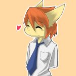  &lt;3 1:1 anthro blue_necktie clothed clothing dragon eyes_closed fur furred_dragon hair half-length_portrait kuttoyaki male mouth_closed necktie orange_background orange_hair outline portrait simple_background solo standing topwear white_clothing white_outline white_topwear yellow_body yellow_ears yellow_fur 