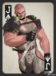  1boy armor bald bara beard bodysuit bulge covered_nipples crotch_cutout dagger facial_hair feet_out_of_frame fighting_stance frown gloves grey_bodysuit highres hip_vent holding holding_dagger holding_knife holding_weapon jack_(playing_card) knife large_pectorals leg_belt male_focus muscular muscular_male mustache_stubble nipples original pauldrons pectorals pubic_hair pubic_hair_peek revealing_clothes scar scar_on_face scar_on_forehead short_hair shoulder_armor sidepec solo strongman_waist taut_bodysuit thick_eyebrows thick_thighs thighs tooboshoo weapon 