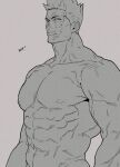  1boy abs bara boku_no_hero_academia completely_nude endeavor_(boku_no_hero_academia) facial_hair frown greyscale large_pectorals looking_at_viewer male_focus mature_male monochrome muscular muscular_male mustache_stubble nipples nude out-of-frame_censoring pectorals scar scar_across_eye short_hair sideburns_stubble solo spiked_hair stubble thick_eyebrows unfinished yan_(bltyann) 