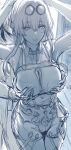  1boy 1girl arms_up breasts caelus_(honkai:_star_rail) chest_harness cleavage grabbing grabbing_another&#039;s_breast greyscale harness hews highres honkai:_star_rail honkai_(series) kafka_(honkai:_star_rail) large_breasts long_hair looking_at_viewer monochrome round_eyewear shorts sidelocks sketch smile sunglasses thighs trailblazer_(honkai:_star_rail) 
