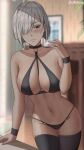  1girl :| bikini black_bikini blurry blurry_background breasts closed_mouth fiona_frost hand_up highres large_breasts oroborus signature spy_x_family swimsuit white_hair 