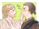  2boys anakin_skywalker beard blonde_hair blush brown_hair facial_hair highres mole mole_under_eye multiple_boys obi-wan_kenobi open_mouth polka_dot polka_dot_background sknmgr star_wars star_wars:_attack_of_the_clones teacher_and_student yaoi 