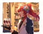  1boy alcohol black_gloves black_necktie black_shirt cup diluc_(genshin_impact) drinking_glass flower genshin_impact glass gloves hair_between_eyes hair_flower hair_ornament highres holding holding_plate long_hair long_sleeves male_focus necktie plate ponytail red_eyes red_hair shirt solo vest white_vest wine wine_glass yuu_(mboj_fdk) 