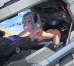  1girl bent_over breasts cockpit commission desert dildo grey_hair mecha open_cockpit original ponytail pussy_juice pussy_juice_trail red_eyes robot sex_machine sex_toy skeb_commission small_breasts solo straddling sweat takada_kazuhiro thighhighs 