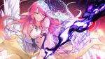  1girl absurdres alteau angel angel_wings animal_ears bird_ears breasts crop_top feathered_wings gloves gradient_hair halo highres jibril_(no_game_no_life) large_breasts long_hair looking_at_viewer low_wings magic magic_circle midriff multicolored_hair no_game_no_life pink_hair smile solo very_long_hair white_wings wing_ears wings yellow_eyes 