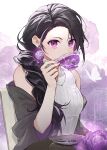  1girl bare_shoulders black_hair blush braid bug butterfly commission cup earrings flower flower_earrings furrowed_brow glass_teacup hair_over_shoulder halter_shirt halterneck holding holding_cup jacket jacket_partially_removed jewelry long_hair looking_at_viewer original peony_(flower) purple_eyes ribbed_shirt saucer shiromine_kana shirt single_braid skeb_commission solo spoon teacup very_long_hair watermark white_background 