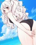  1girl beach bikini black_bikini black_eyes blue_sky blush character_name cover creepypasta highres original pale_skin sasseo_kim_(kyone_burst) shy sky solo swimsuit twintails water wavy_hair white_hair 