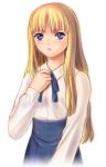 1girl 3: aphmau artoria_pendragon_(fate) blonde_hair blue_eyes blue_ribbon blue_skirt closed_mouth collared_shirt cosplay fate/stay_night fate_(series) final_fantasy final_fantasy_xi hair_down hand_on_own_chest hand_up high-waist_skirt hume long_hair long_sleeves neck_ribbon parted_bangs pink_lips puffy_long_sleeves puffy_sleeves ribbon ringed_eyes saber saber_(cosplay) shirt simple_background skirt solo taisai_soft wavy_hair white_background white_shirt 