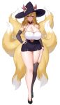  absurdres animal_ears asymmetrical_legwear blonde_hair blue_eyes breasts bridal_gauntlets cleavage clothing_cutout fox_ears fox_girl fox_tail gloves hand_on_own_hip hat highres large_breasts looking_at_viewer multiple_tails navel original single_thighhigh suruga_(xsurugax) tail thighhighs witch_hat 