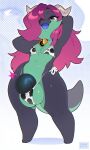  anthro balls bell blue_tongue chibi chromapan dragon genitals hair hair_over_eye hi_res long_hair looking_at_viewer male navel one_eye_obstructed penis red_hair solo tongue 