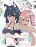  ahoge beach bikini blue_archive blue_eyes blue_hair blue_sky fang hair_between_eyes heterochromia hoshino_(blue_archive) hoshino_(swimsuit)_(blue_archive) long_hair navel ocean pink_hair red_eyes selfie serika_(blue_archive) serika_(swimsuit)_(blue_archive) sketch skin_fang sky swimsuit touhou90275 v yellow_eyes 