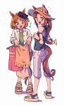  2girls absurdres animal_ears appleq arm_strap bare_shoulders bow bracelet brown_hair commentary_request ears_through_headwear flower-shaped_pupils full_body green_shirt highres holding holding_clothes horse_ears horse_girl horse_tail jacket jewelry long_hair long_skirt multiple_girls north_flight_(umamusume) open_clothes open_jacket pants pink_eyes red_bow sakura_bakushin_o_(umamusume) sandals shirt simple_background skirt sleeveless sleeveless_shirt striped striped_bow symbol-shaped_pupils tail tail_through_clothes umamusume white_background white_bow white_jacket white_pants white_skirt yellow_eyes 