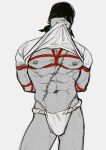  1boy abs absurdres arms_behind_back bandana_over_eyes bara bare_pectorals bulge clothes_in_mouth come_hither covered_eyes feet_out_of_frame fundoshi highres japanese_clothes large_pectorals male_focus mouth_hold muscular muscular_male navel nipples no_pants one_piece pectorals presenting red_rope rope roronoa_zoro shibari shirt_in_mouth smirk smokerichi solo spot_color standing stitches stomach underbust underpec 