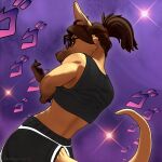  3d_(artwork) anthro black_clothing blender_(software) brown_hair clothing digital_media_(artwork) exposed_back female gym_clothing hair hi_res jojo_pose kangaroo looking_back macropod mammal marsupial meme menacing_(meme) mmad mmdrawstuff ponytail ruby_(comfycreations) solo 