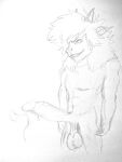  3:4 absurd_res anthro athletic balls big_penis bodily_fluids dragon dripping flave flave_(fursona) genital_fluids genitals hair hi_res horn male monochrome penis precum precum_drip pubes scared sharp_teeth sketch spiky_hair teeth wingless_dragon 