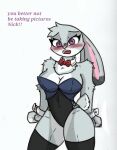  anthro big_breasts blush bow_tie breasts cleavage clothed clothing disney english_text female judy_hopps pace-maker playboy_bunny playboy_outfit small_waist solo text thick_thighs wide_hips zootopia 