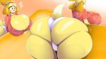  absurd_res animal_crossing anthro big_breasts big_butt blush breasts butt canid canine canis clothed clothing digital_media_(artwork) domestic_dog female fur hi_res huge_breasts huge_butt isabelle_(animal_crossing) mammal nintendo shih_tzu simple_background smile solo tail thiccbuns toy_dog yellow_body yellow_fur 