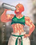  1girl abs bottle dictionary english_text freckles green_eyes highres looking_at_viewer muscular muscular_female original pink_hair sir_eustache solo sweat tank_top veins water_bottle 