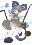  1girl animal_ears arm_up basket bloomers blush chibi commentary_request dotaku_(wran8845) dowsing_rod dual_wielding from_below grey_hair grey_skirt grey_vest highres holding holding_stick jewelry legs_apart long_sleeves mouse mouse_ears mouse_tail nazrin open_mouth pendant puffy_long_sleeves puffy_sleeves red_eyes short_hair simple_background skirt skirt_set solo stick tail teeth touhou underwear upper_teeth_only v-shaped_eyebrows vest white_background 