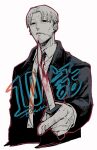  1boy black_necktie blood blood_on_knife chainsaw_man collared_shirt facial_hair formal highres holding holding_knife kishibe_(chainsaw_man) knife looking_at_viewer necktie partially_colored pointing pointing_at_viewer shirt short_hair simple_background solo stitched_mouth stitches stubble suit tsuke_(task) white_background white_shirt 